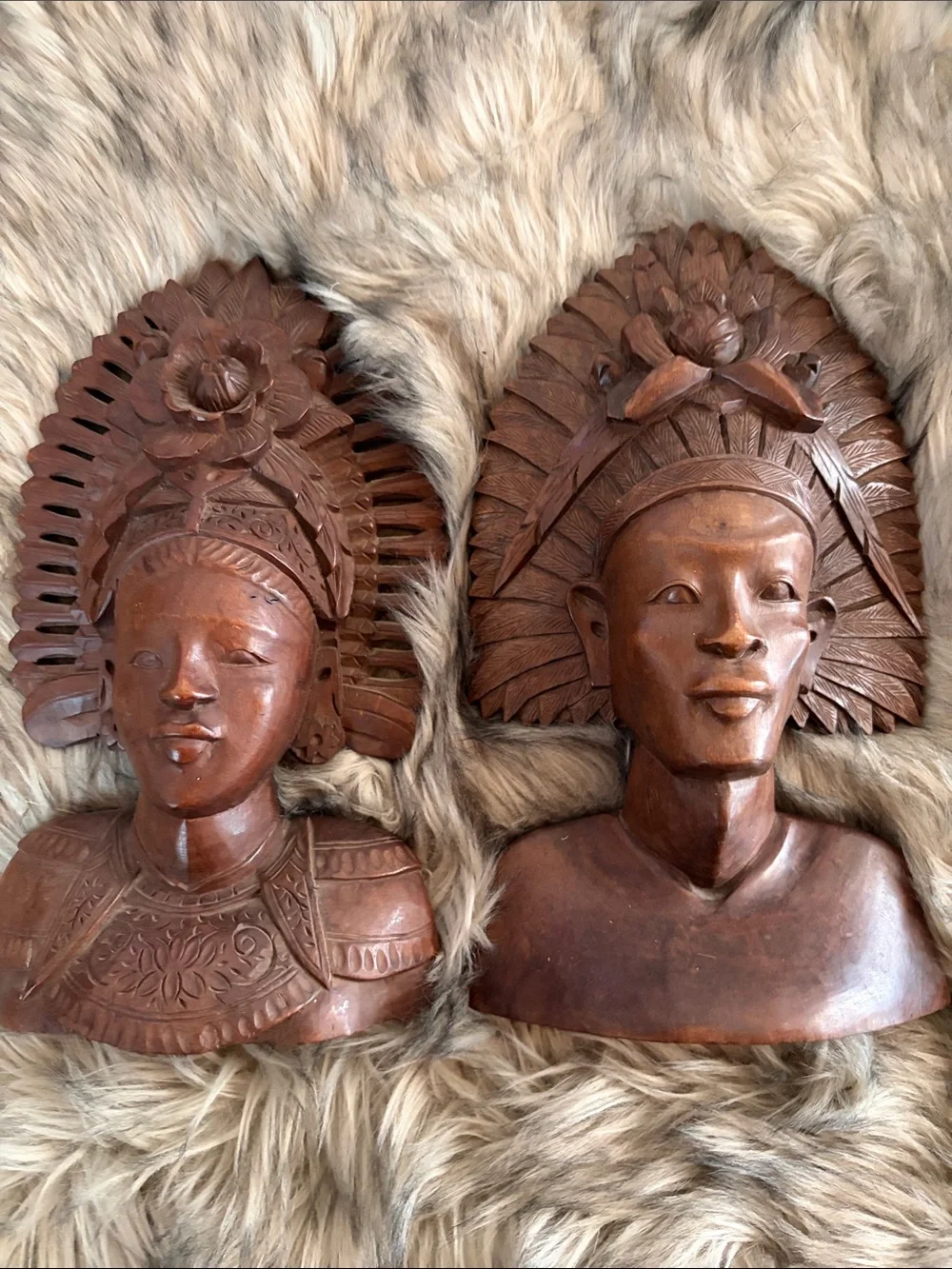 Bali Hand-Carved Wooden Wedding Couple Bust Set Wall Accent